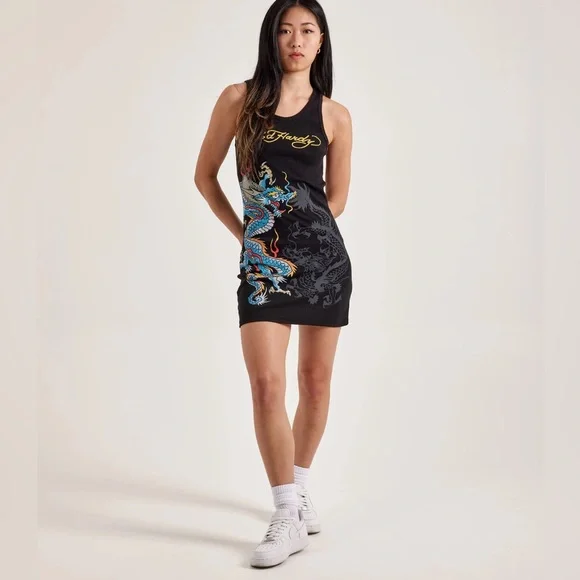 Ed Hardy Black Mini Dress with Blue Dragon Design - Picture 8 of 8